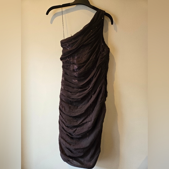 Aidan Mattox Brown One Shoulder Sequin Mesh Overlay Gathered Dress Size 4 - Picture 7 of 12